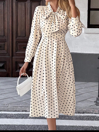 Polka Dot Tie Front Long Sleeve Midi Dress