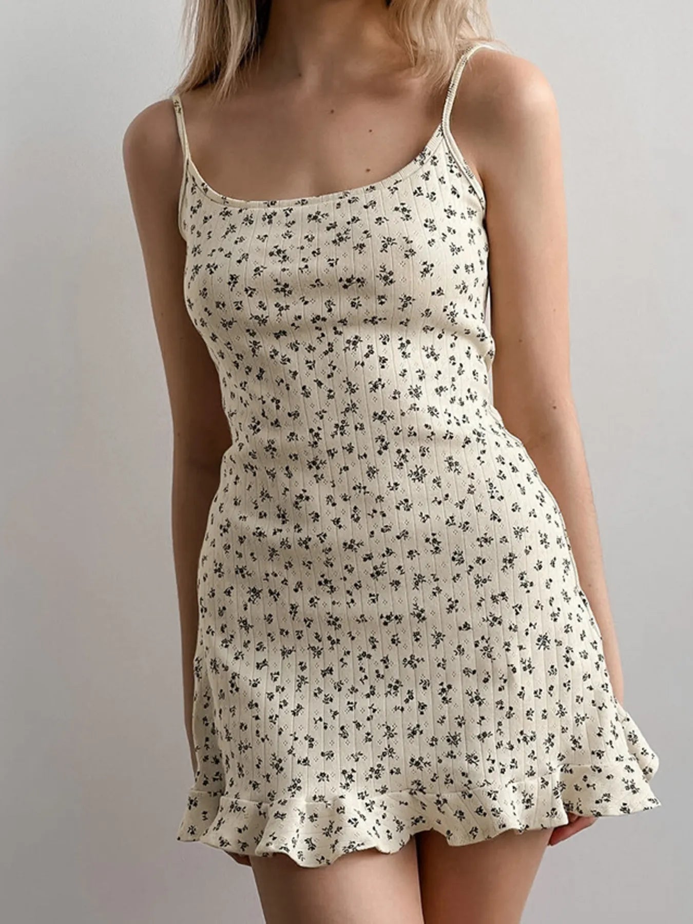 Floral Print Ruffle Hem Cami Lounge Dress Beige