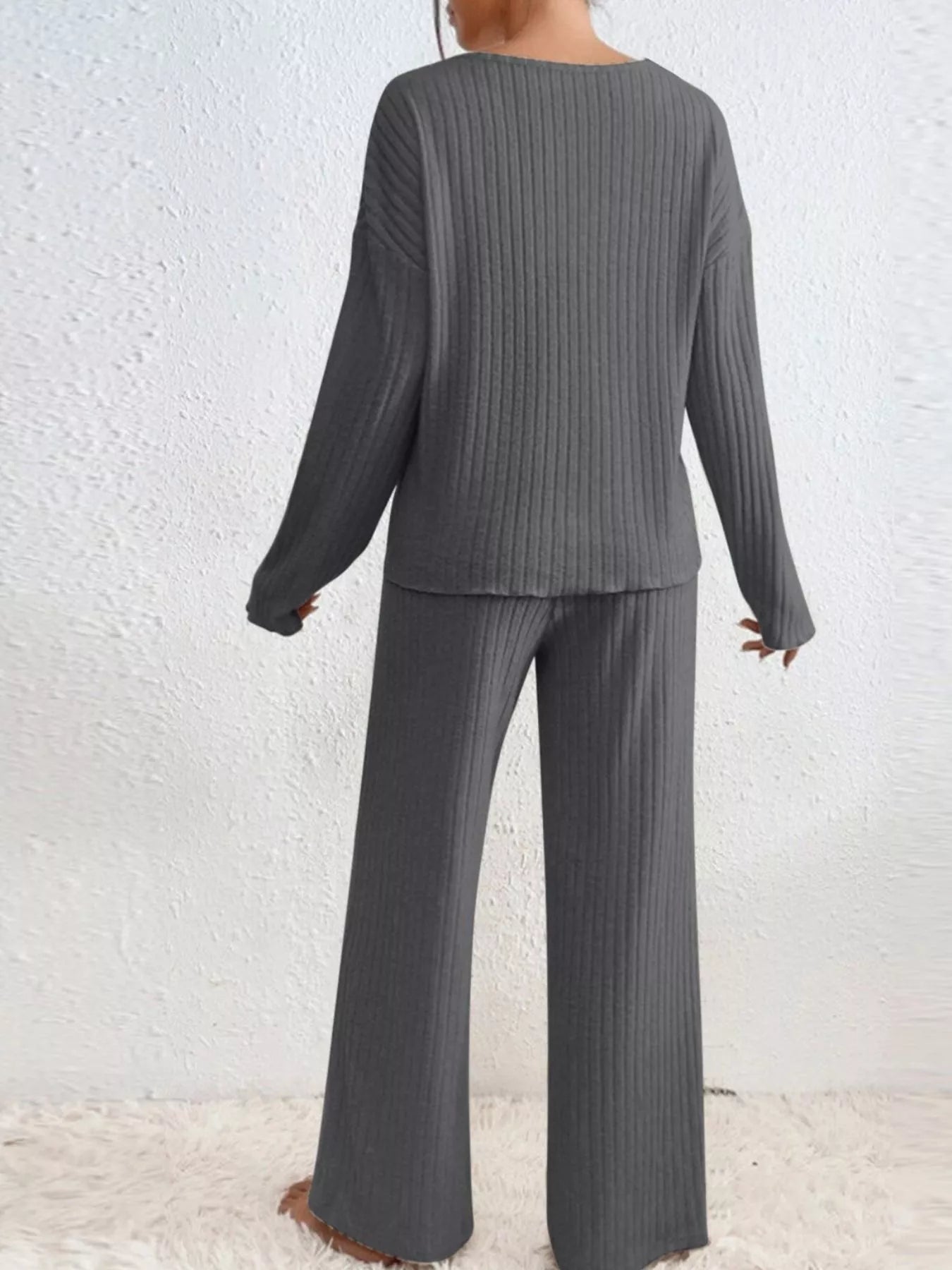 Ribbed V-Neck Top and Pants Set