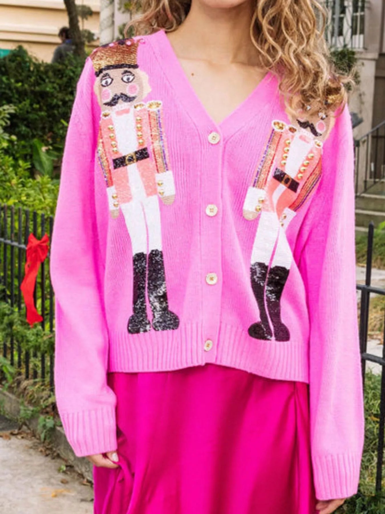 Nutcracker Ribbed Hem V-Neck Cardigan