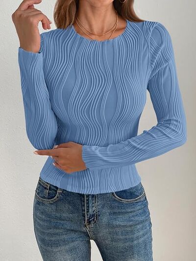 Textured Round Neck Long Sleeve Top Sky Blue