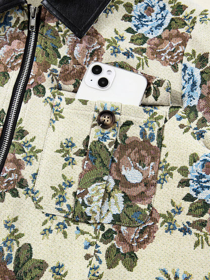 Floral Print Zip Up Contrast Collared Jacket