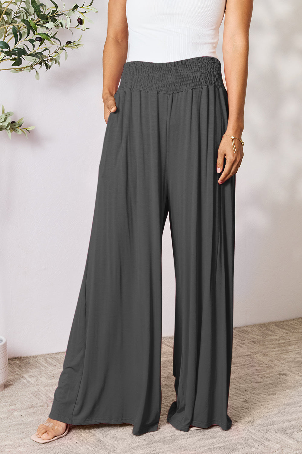 Smocked High-Waist Wide Leg Pants Charcoal