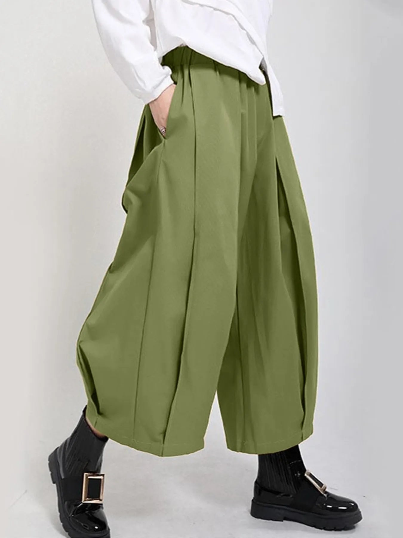 Plus Size Wide Leg Pleated Detail Cropped Pants Matcha Green