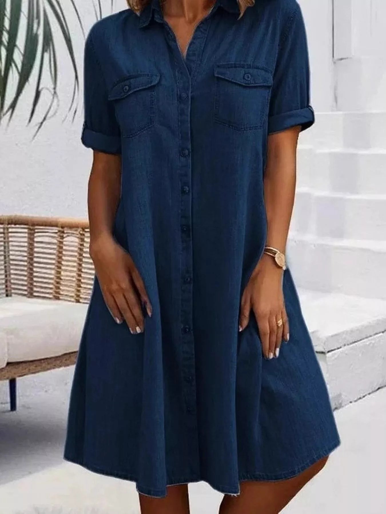 Full Size Button-Front Short Sleeve Denim Dress Plus Size Dark Blue