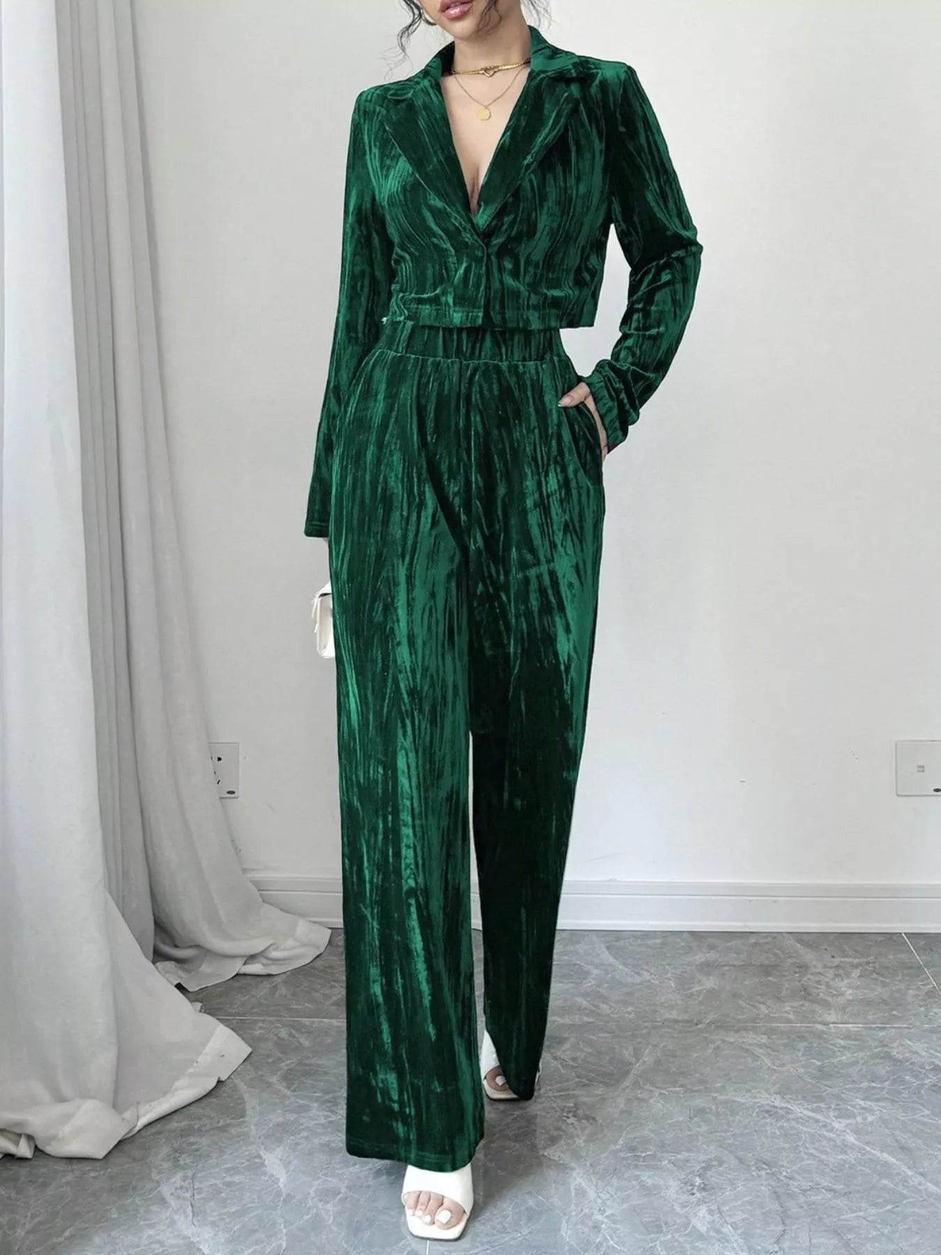 Pleated Velvet Blazer & Wide Leg Pants Set