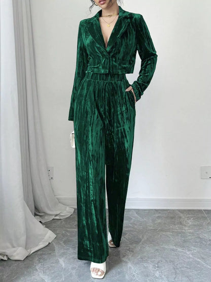Pleated Velvet Blazer & Wide Leg Pants Set