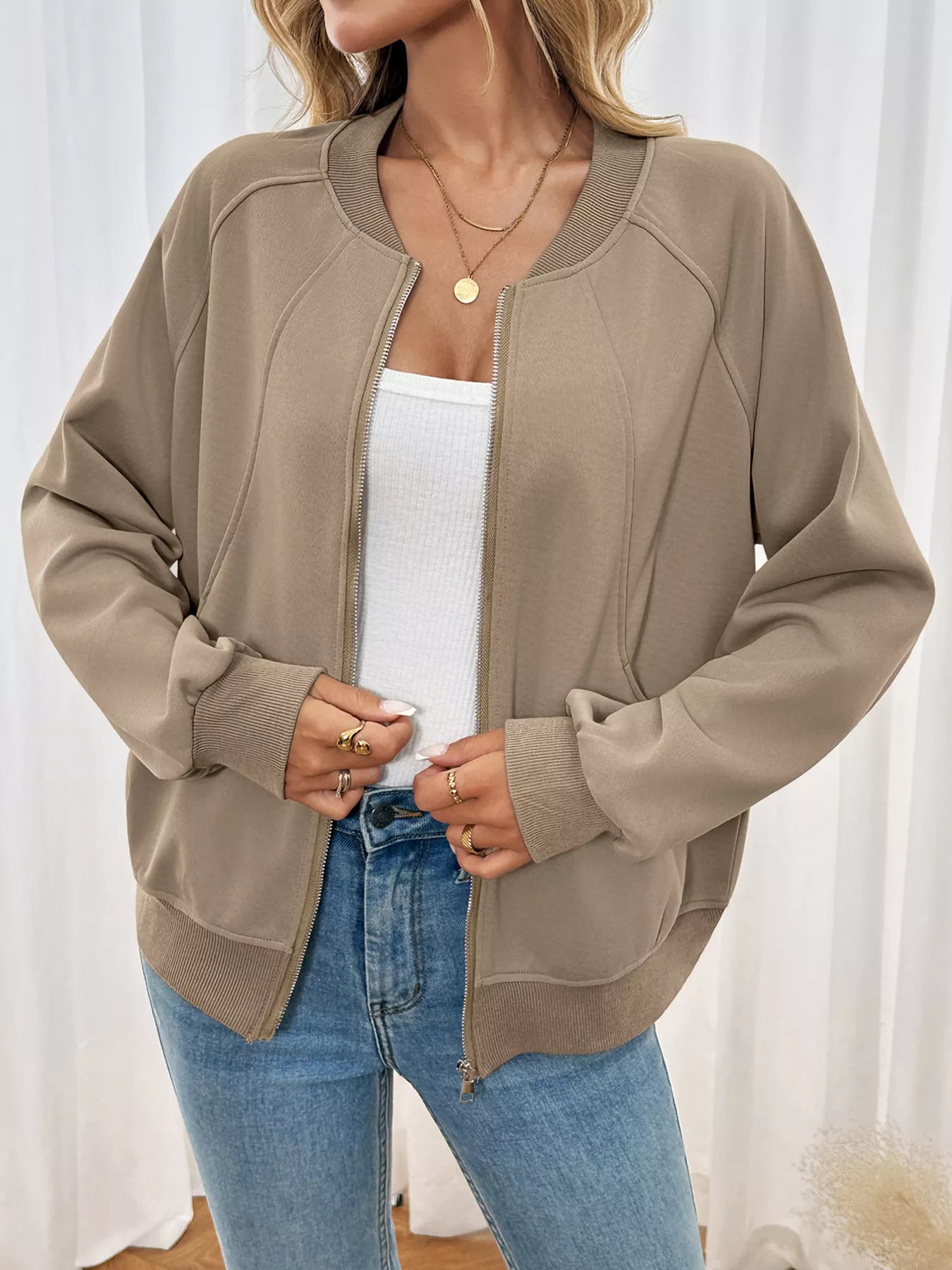 Zip Up Raglan Sleeve Jacket Khaki