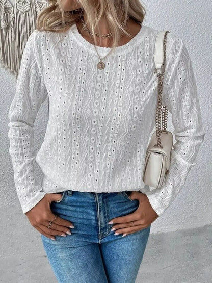 Full Size Eyelet Round Neck Long Sleeve Blouse Plus Size White