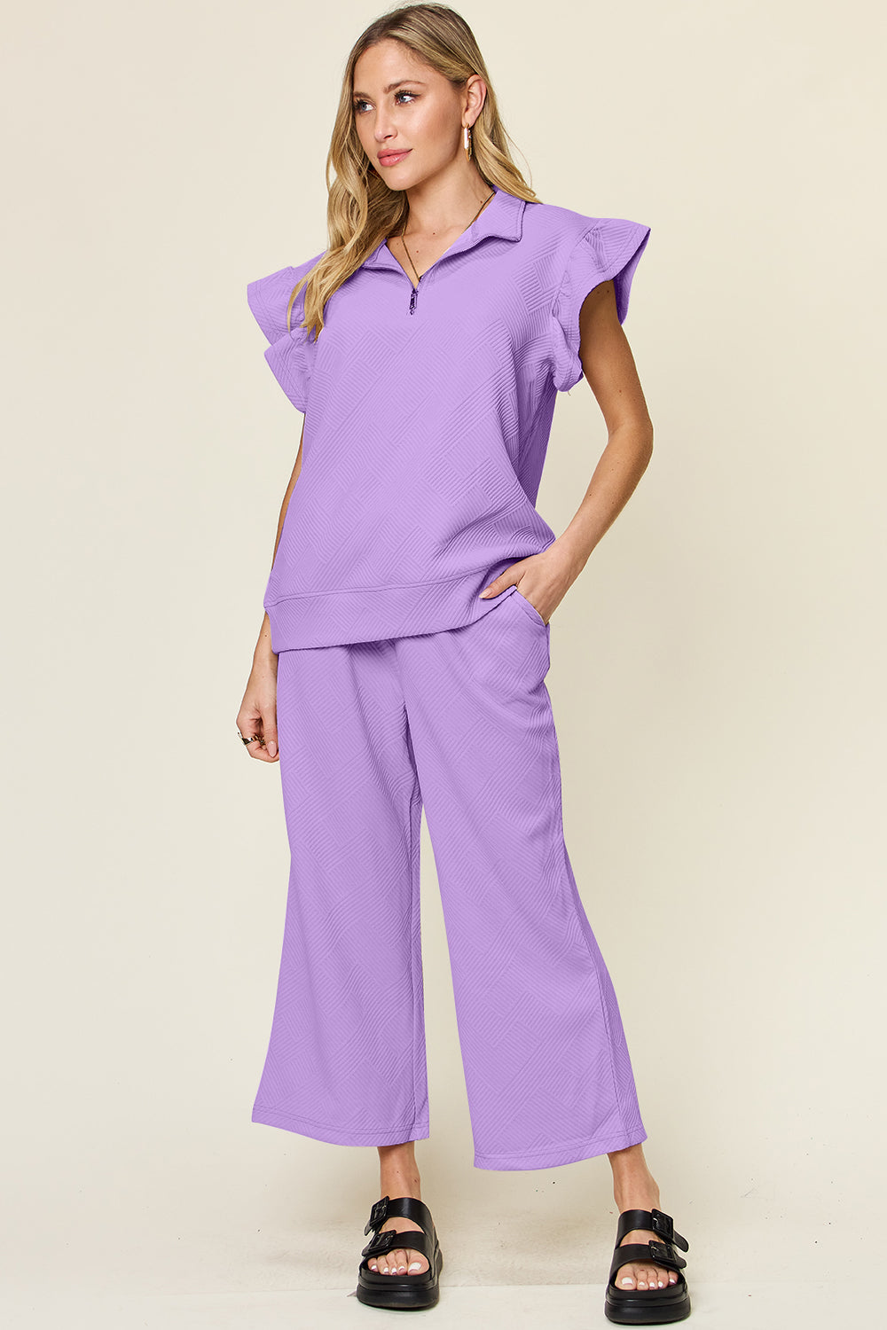 Textured Ruffle Top & Drawstring Wide Leg Pants Set Lavender