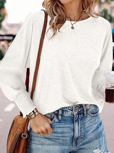 Round Neck Smocked Lantern Sleeve T-Shirt White