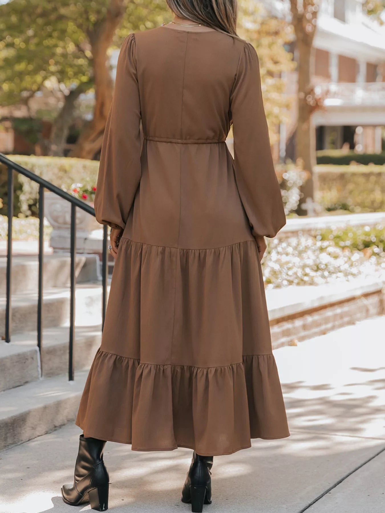 V-Neck Balloon Sleeve Tiered Dress