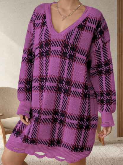 Distressed Plaid V-Neck Long Sleeve Sweater Dress Red-Violet One Size