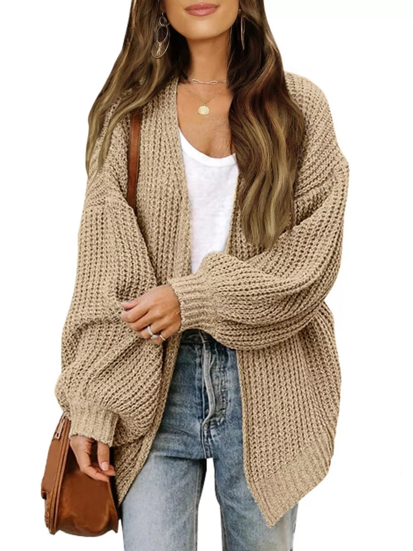 Oversized Chunky Knit Open Front Cardigan Light Khaki