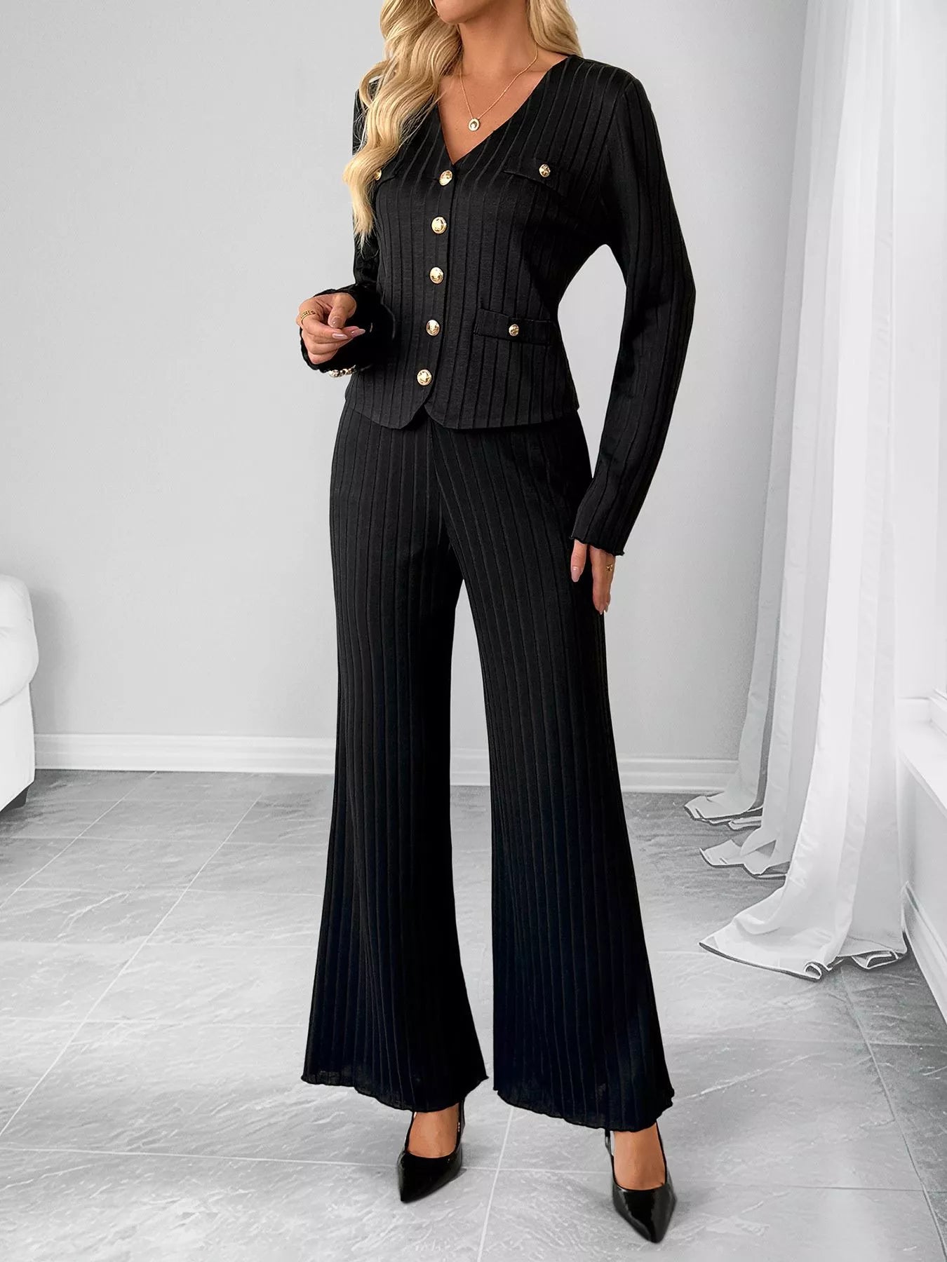 Ribbed Knit Cardigan & Wide Leg Pants Set