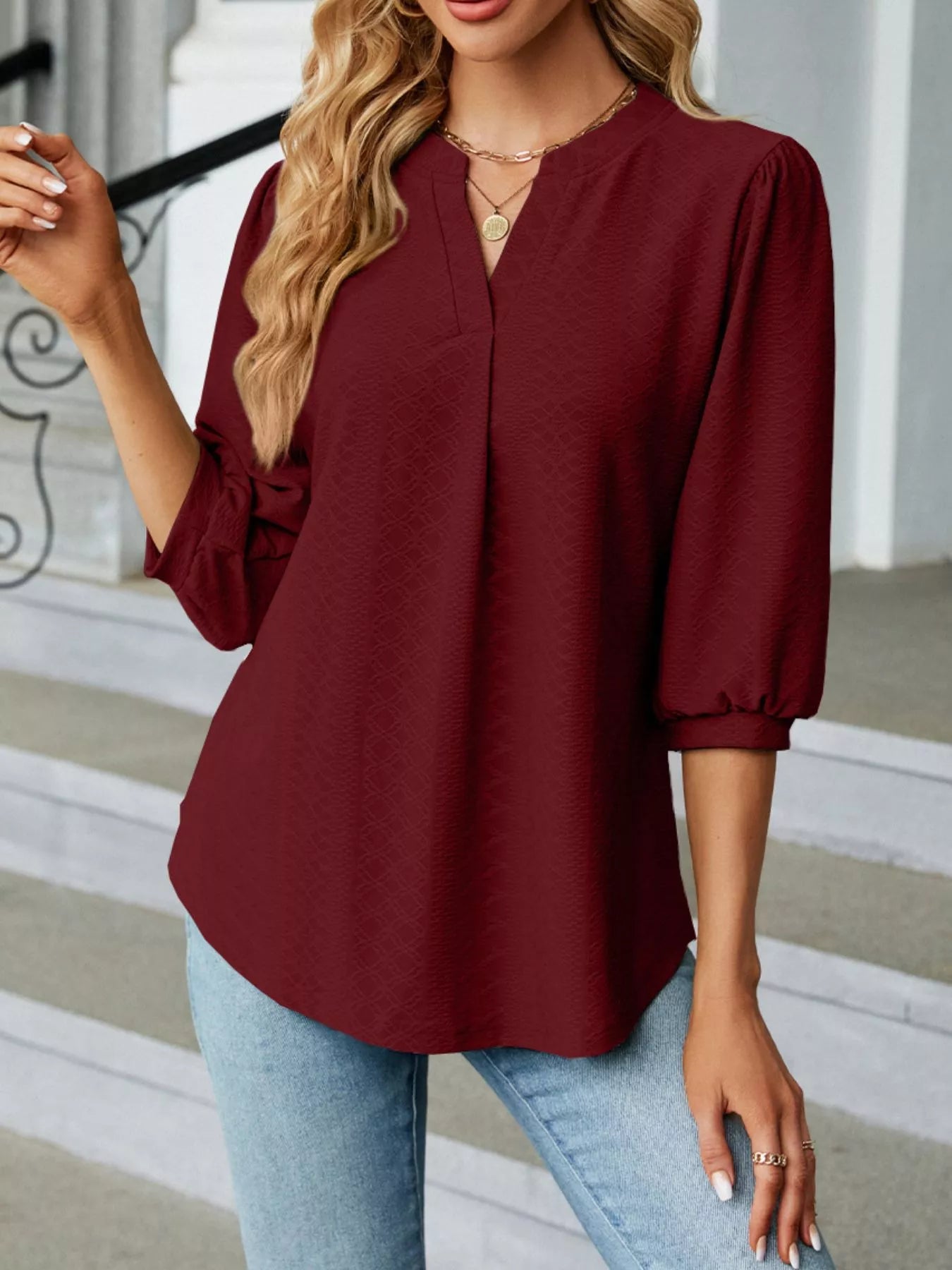 Notched 3/4 Sleeve Casual Top