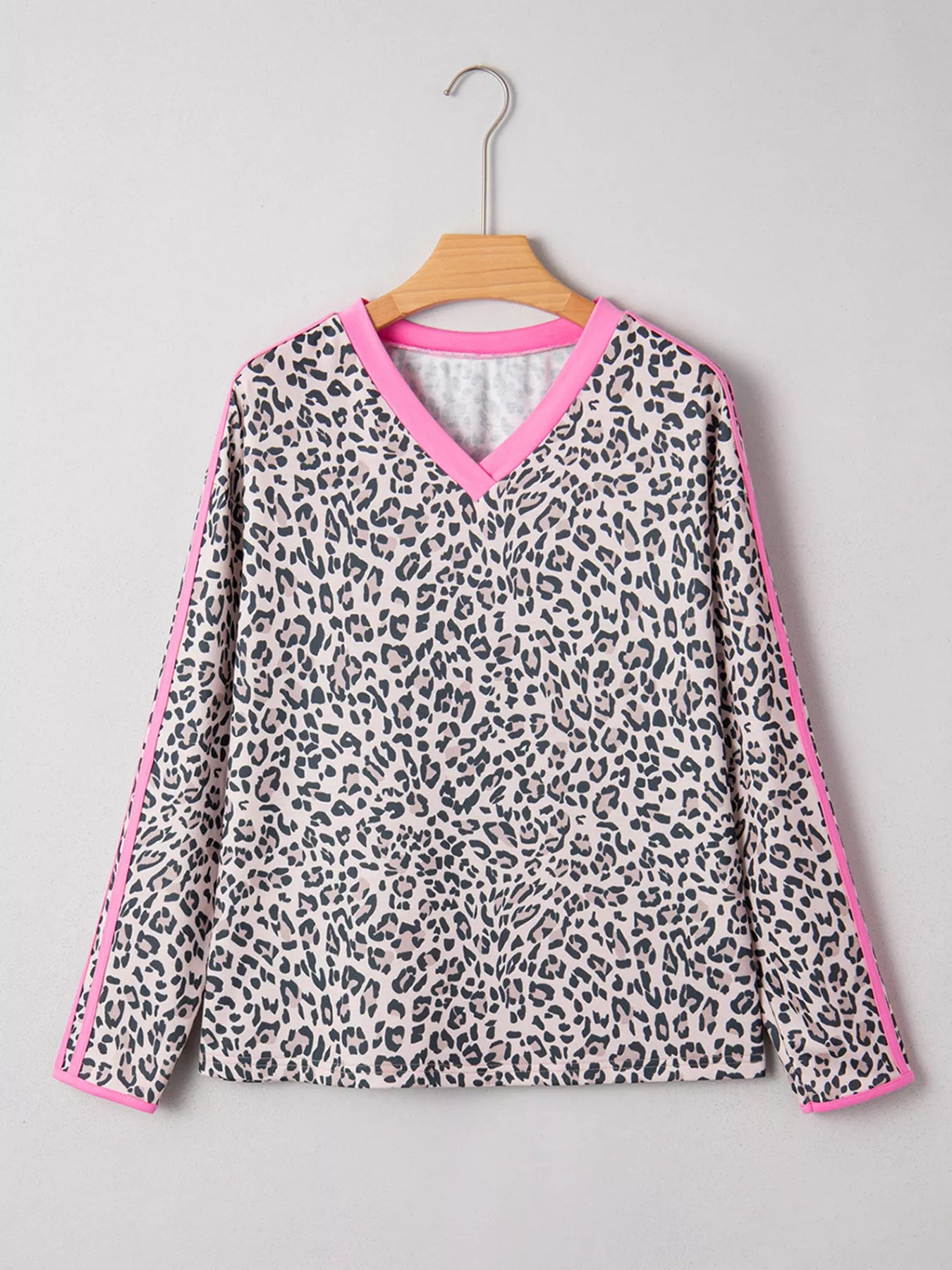 Leopard Print Contrast V Neck Varsity Stripe Detail Long Sleeve Top