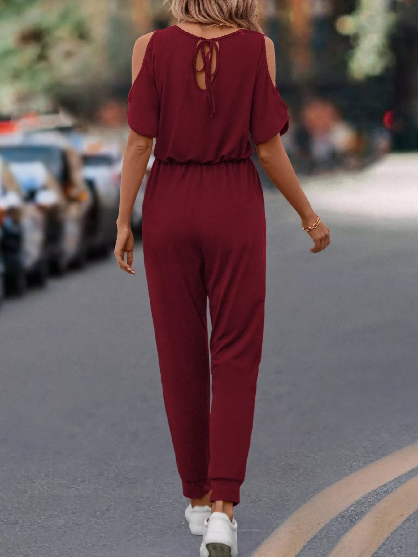 Cold Shoulder V-Neck Drawstring Waist Jumpsuit