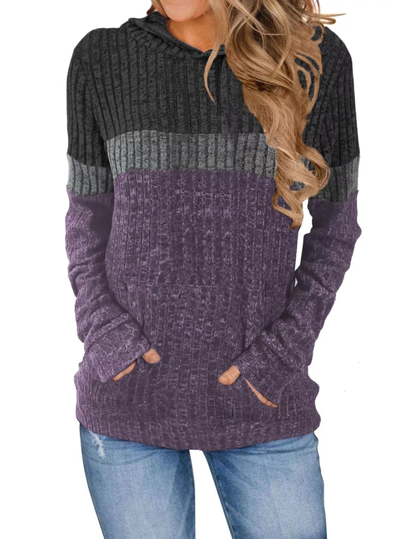 Full Size Color Block Ribbed Knit Hoodie Plus Size Gray