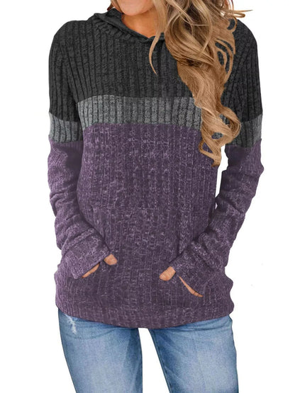 Full Size Color Block Ribbed Knit Hoodie Plus Size Gray