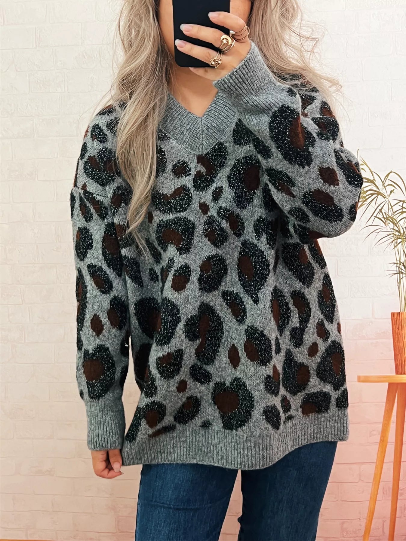 Leopard V-Neck Drop Shoulder Sweater
