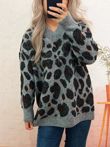 Leopard V-Neck Drop Shoulder Sweater