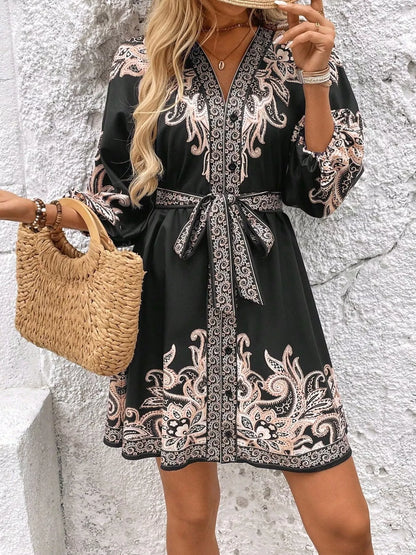 Printed Balloon Sleeve Mini Dress