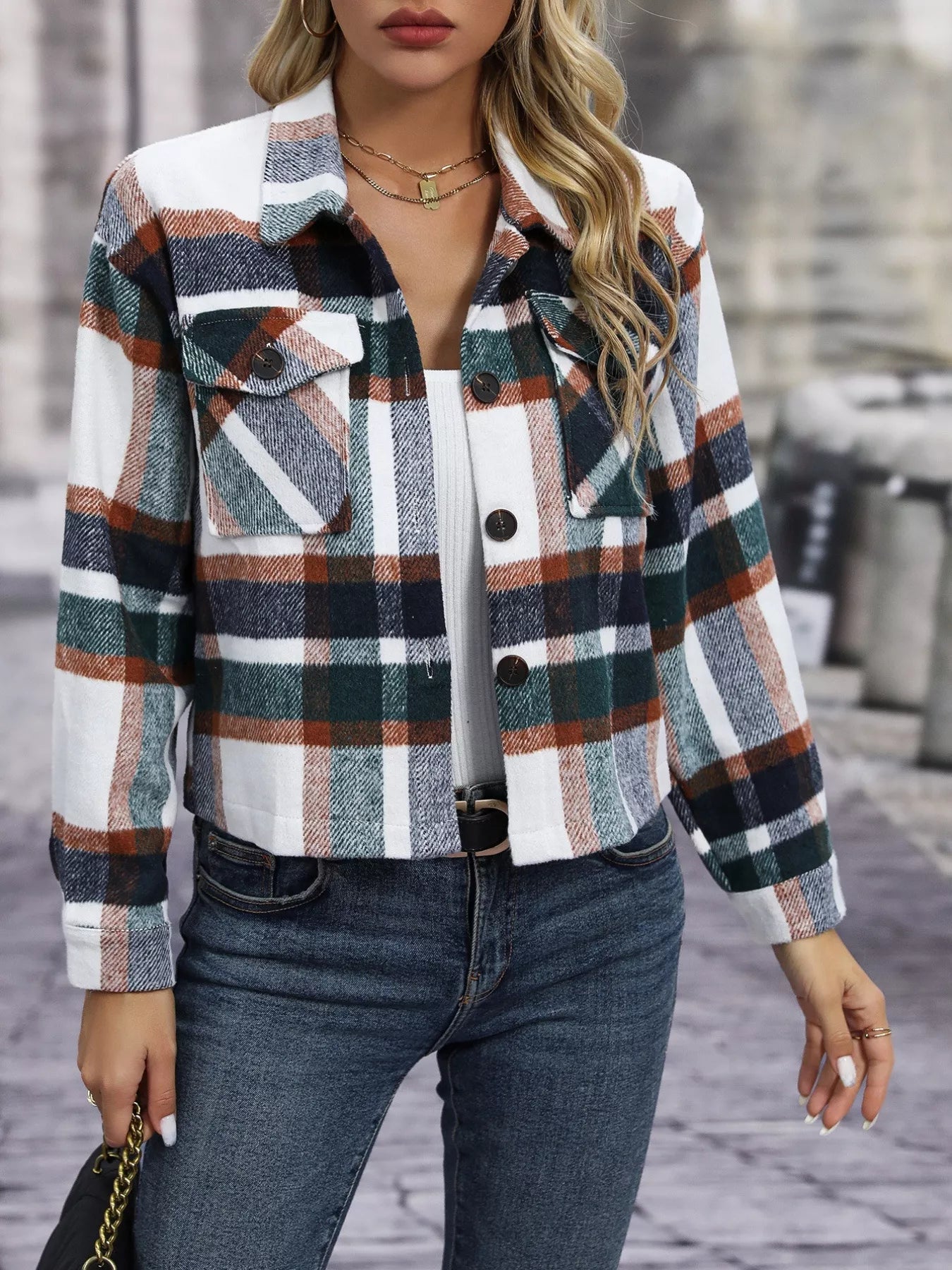 Plaid Oversized Button-Up Cropped Jacket