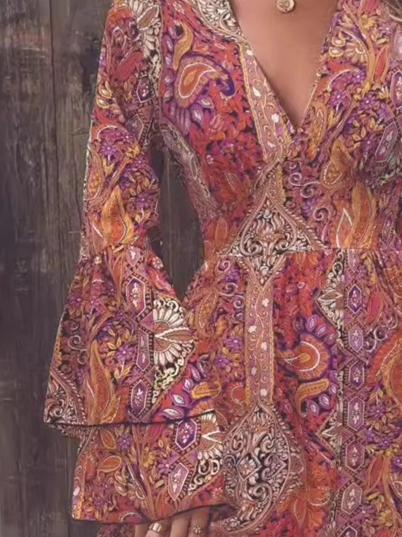 Paisley Print V-Neck Flounce Sleeve Dress