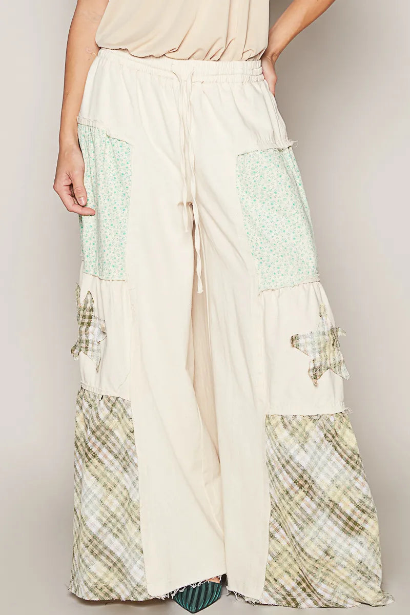 POL Drawstring Star Patch Contrast Wide Leg Pants Cream
