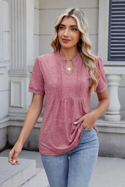 Notched Short Sleeve Solid Color Top