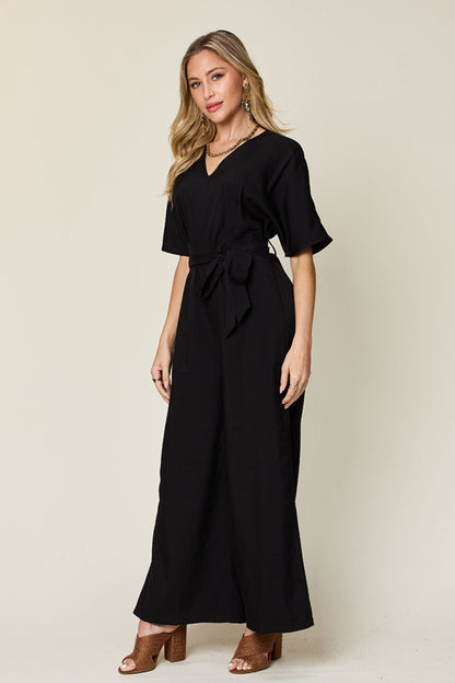 Slit Tie-Front V-Neck Jumpsuit with Short Sleeves