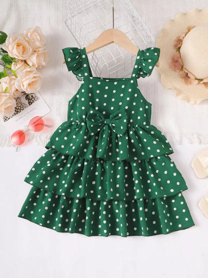 Bow Polka Dot Square Neck Layered Dress Dark Green