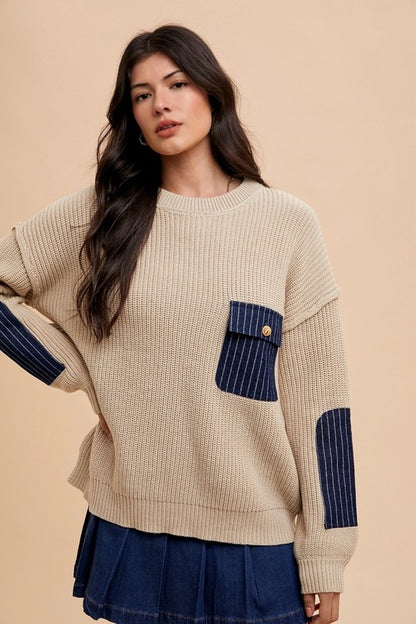 Back To School Sweater - Annie Wear Contrast Round Neck Drop Shoulder Sweater with Patch Pocket Khaki