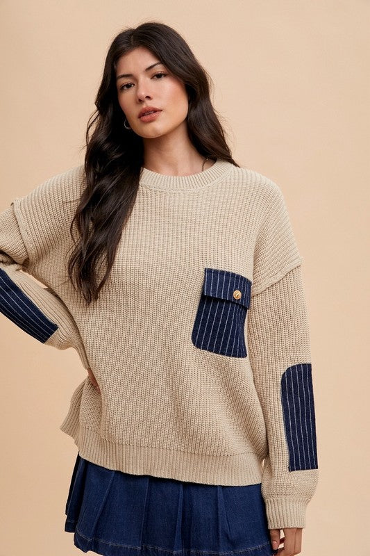 Back To School Sweater - Annie Wear Contrast Round Neck Drop Shoulder Sweater with Patch Pocket Khaki