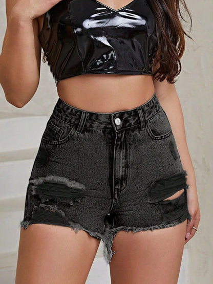 Distressed Raw Hem High Rise Denim Shorts Black