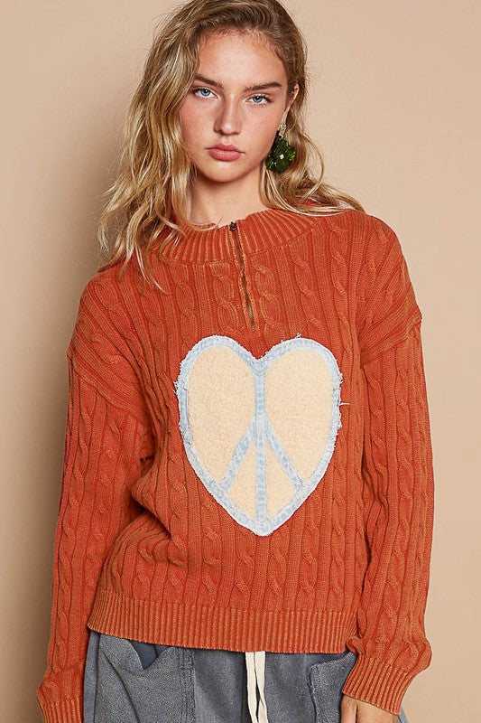 Back To School Sweater - POL Cable-Knit Peace Patch Dropped Shoulder Sweater Orange-Red