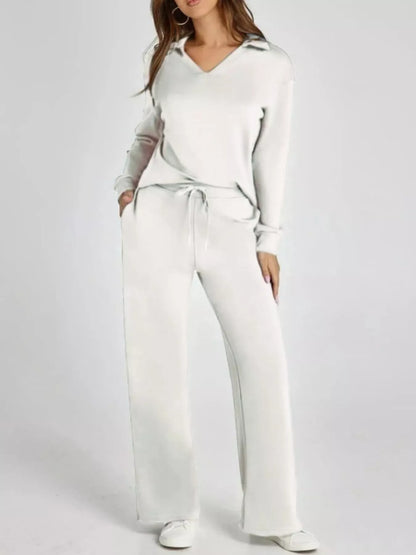 Full Size Johnny Collar Long Sleeve Top and Pants Plus Size Gray white