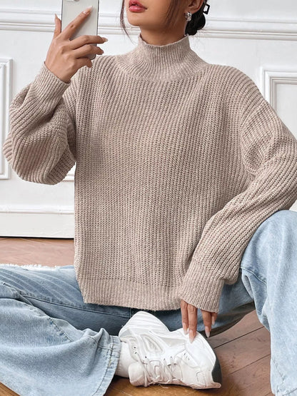 Cozy Knit Turtleneck Dropped Shoulder Sweater