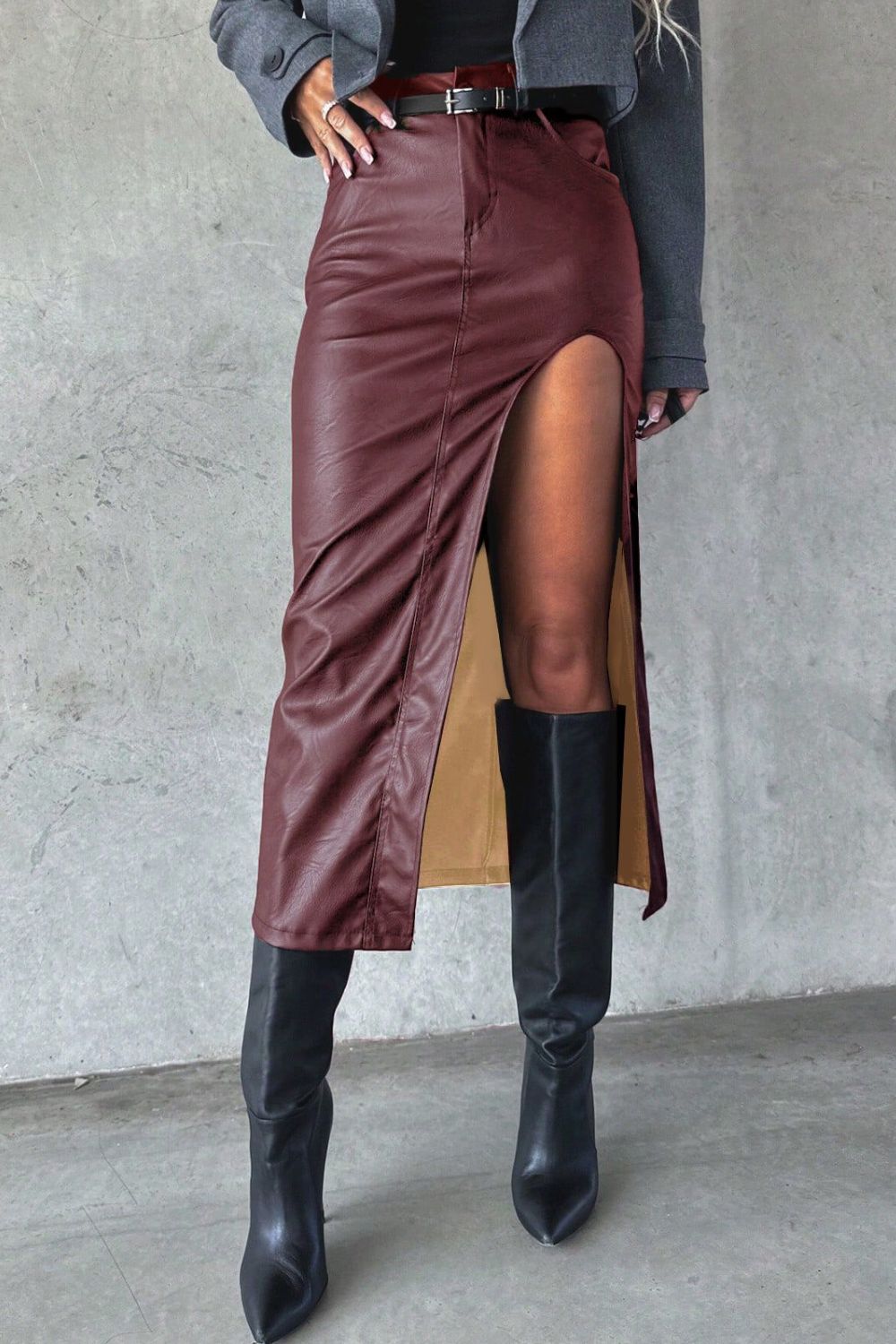 Slit Midi Skirt with Pockets Burgundy