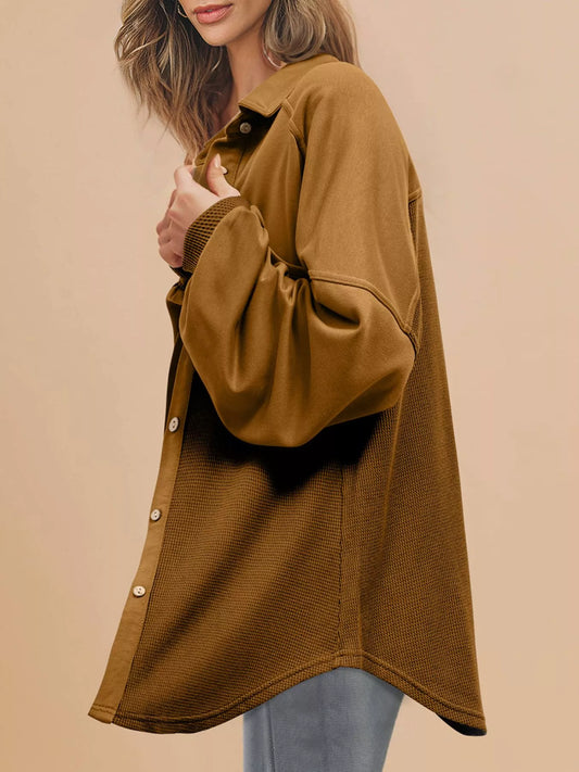 Waffle Knit Patchwork Exposed Seam Loose Shacket
