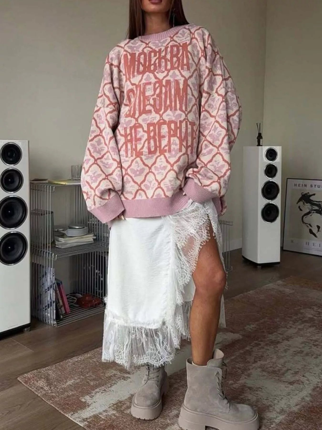 Letter Round Neck Long Sleeve Sweater Dusty Pink