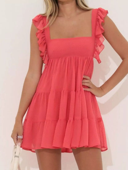 Ruffled Square Neck Tiered Dress Watermelon Red