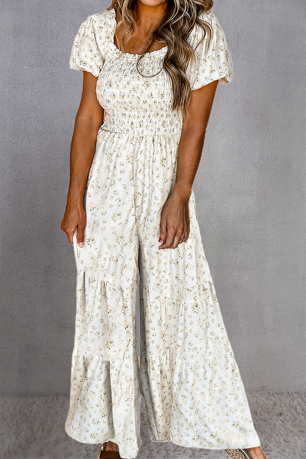 Smocked Printed Short Sleeve Jumpsuit White