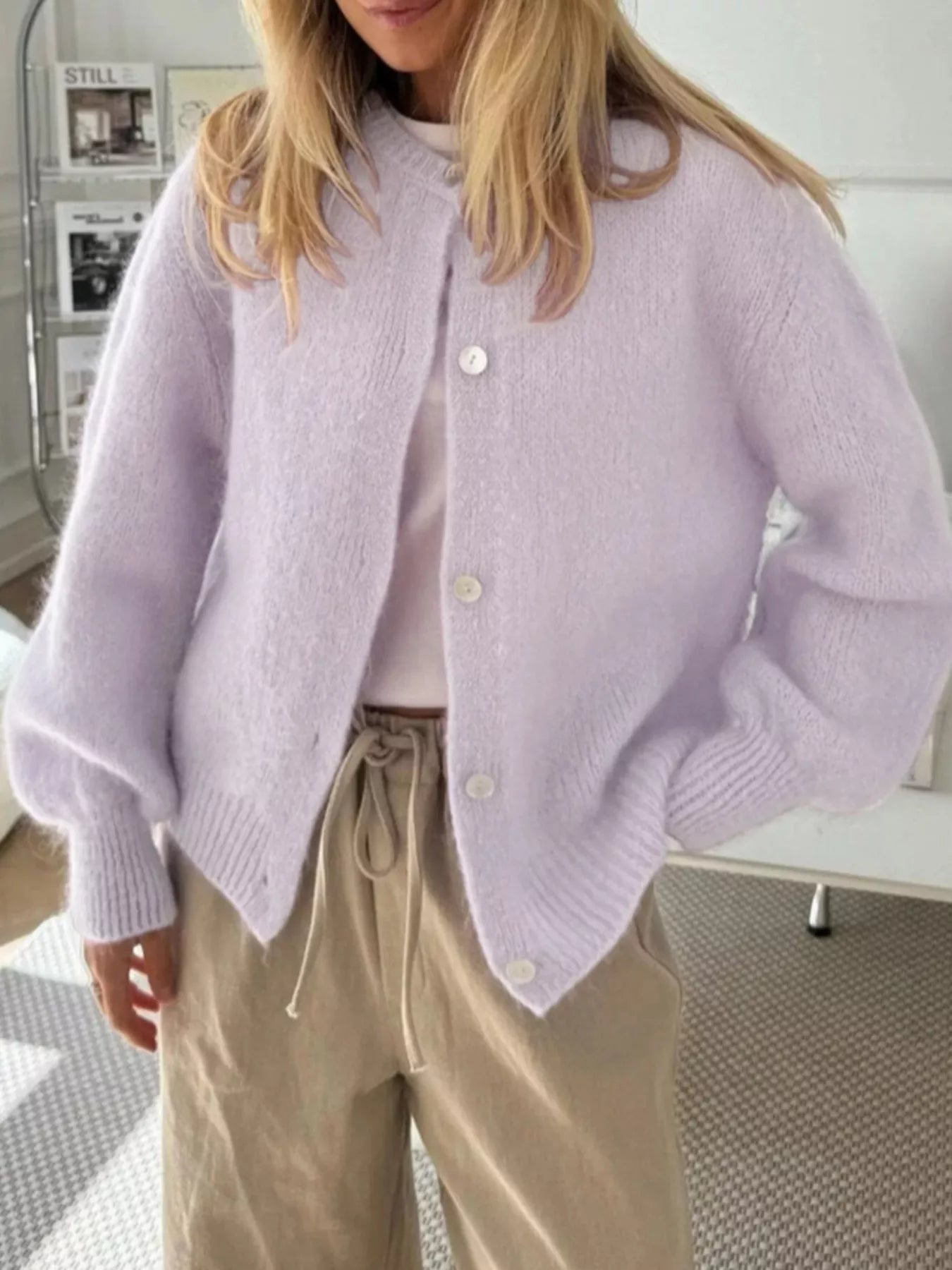 Button-Front Round Neck Cardigan