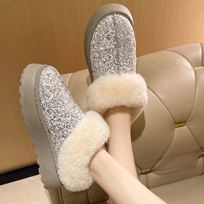 Sequin Round Toe Platform Boots Light Gray