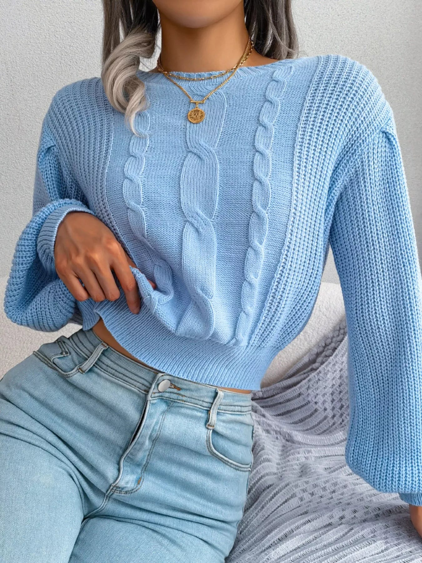 Cable Knit Round Neck Cropped Sweater Pastel Blue