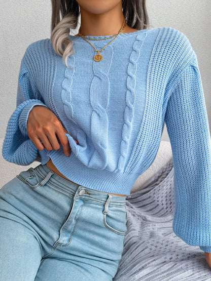 Cable Knit Round Neck Cropped Sweater Pastel Blue