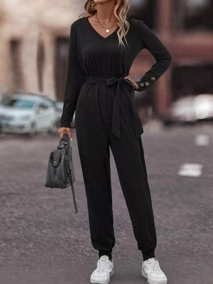 V-Neck Long Sleeve Tie Waist Jumpsuit
