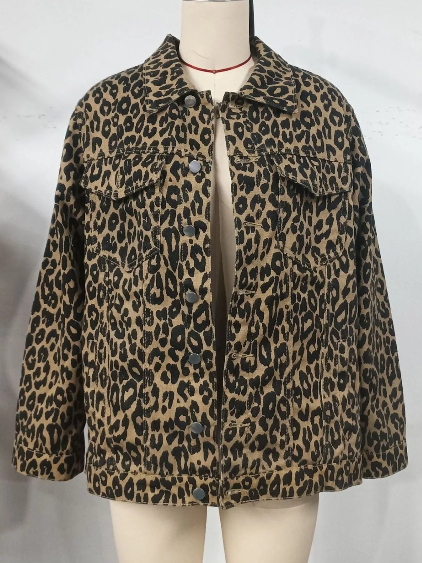 Leopard Button Up Long Sleeve Denim Jacket